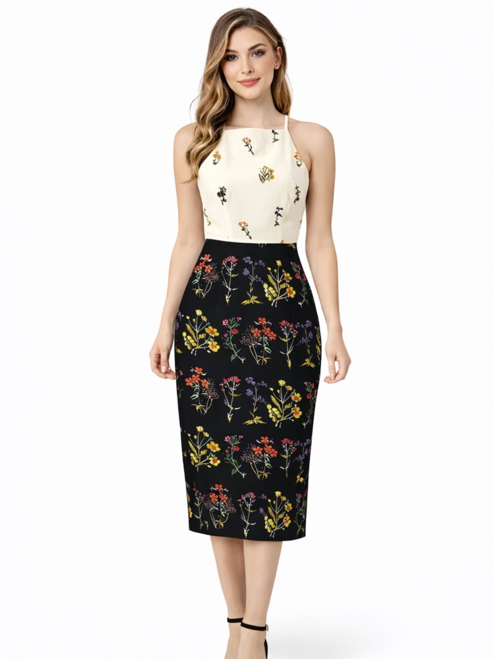 H&M Floral Midi Dress Size 2 Ivory Black Sleeveless Fitted Pencil Back Zipper